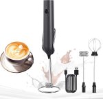 Electric Milk Frother Wand with Stainless Steel Whisk and Stand