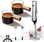 Silver Powerful Milk Frother Wand & 3.4 oz/100ML Glass Measuring Cups