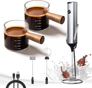 Silver Powerful Milk Frother Wand & 3.4 oz/100ML Glass Measuring Cups
